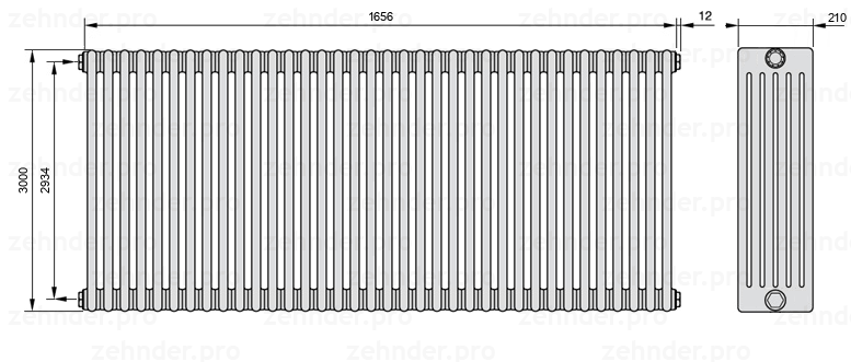 Схема (чертеж) Радиатор Zehnder Charleston 6300/36 №1270 Белый глянцевый RAL 9016